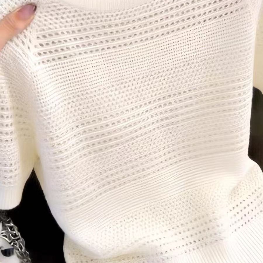法式小香風立體鏤空天絲薄款短袖女夏季寬松圓領勾花棉麻針織T恤
