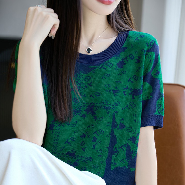 萊賽爾印花天絲針織短袖t恤女2025夏時尚洋氣寬松大碼小衫上衣T恤