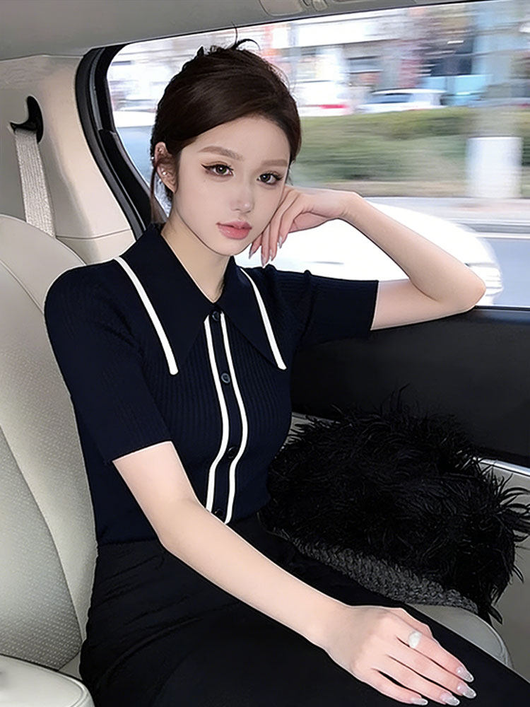 深藍色撞色邊翻領單排扣短款針織衫女夏季新款緊身顯身材內搭上衣