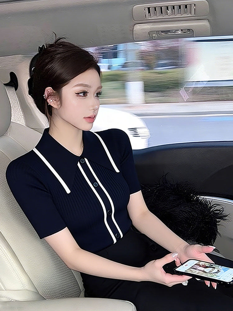 深藍色撞色邊翻領單排扣短款針織衫女夏季新款緊身顯身材內搭上衣