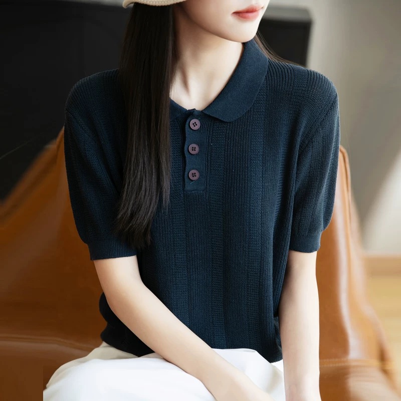 正肩翻領POLO衫針織衫短袖T恤女夏季2025新簡約通勤時尚麻花上衣