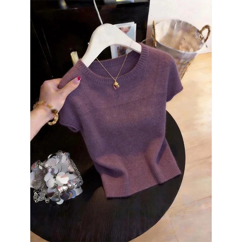 大碼紫色短袖針織衫女2026夏季新款時尚顯瘦減齡氣質通勤T恤上衣