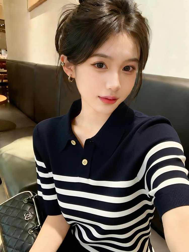 韓版撞色條紋POLO領短袖針織衫2026夏季新款寬松遮肉顯瘦T恤上衣