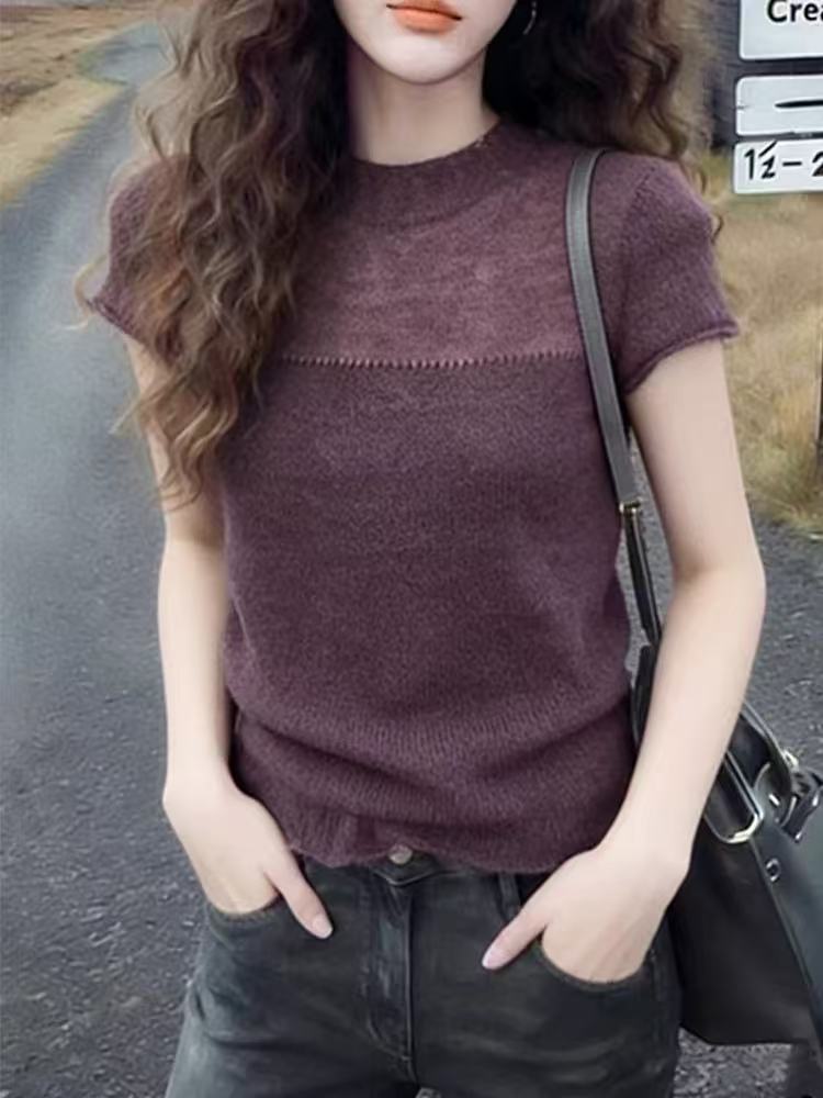 紫色超好看薄款針織衫短袖T恤女夏2026時尚修身顯瘦氣質冰絲上衣