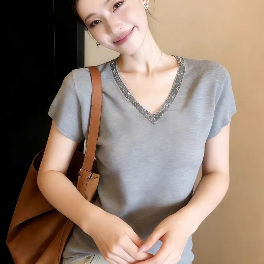 法式V領針織短袖女夏季2026新款獨特漂亮薄款針織衫休閑百搭上衣