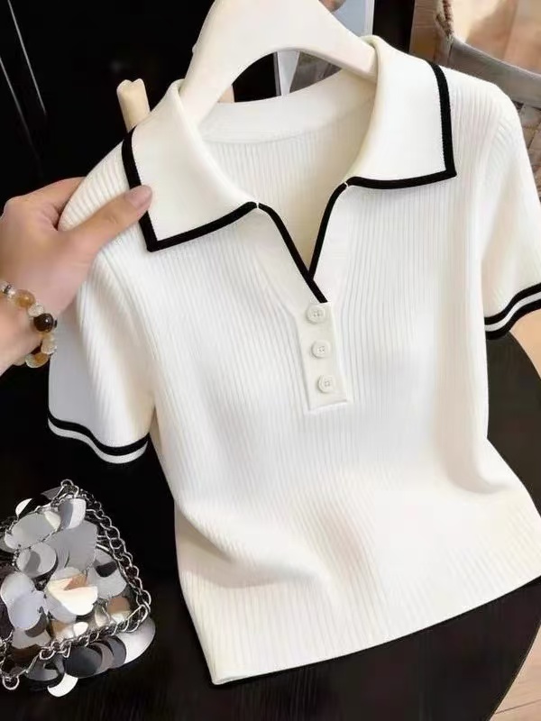 白色polo領針織短袖女2026新款夏季撞色坑條顯瘦氣質百搭短款上衣