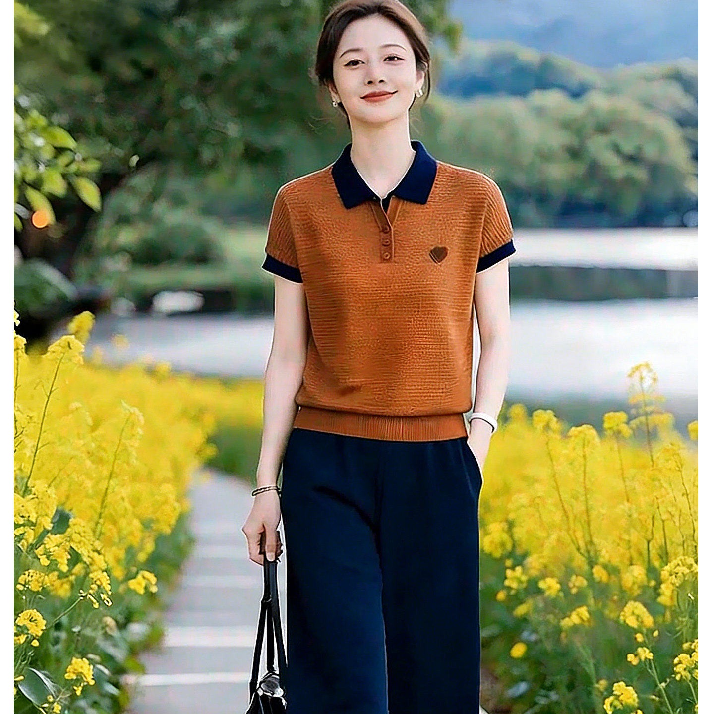 撞色時尚針織Polo領短袖t恤女2026新款洋氣翻領拼色減齡上衣夏