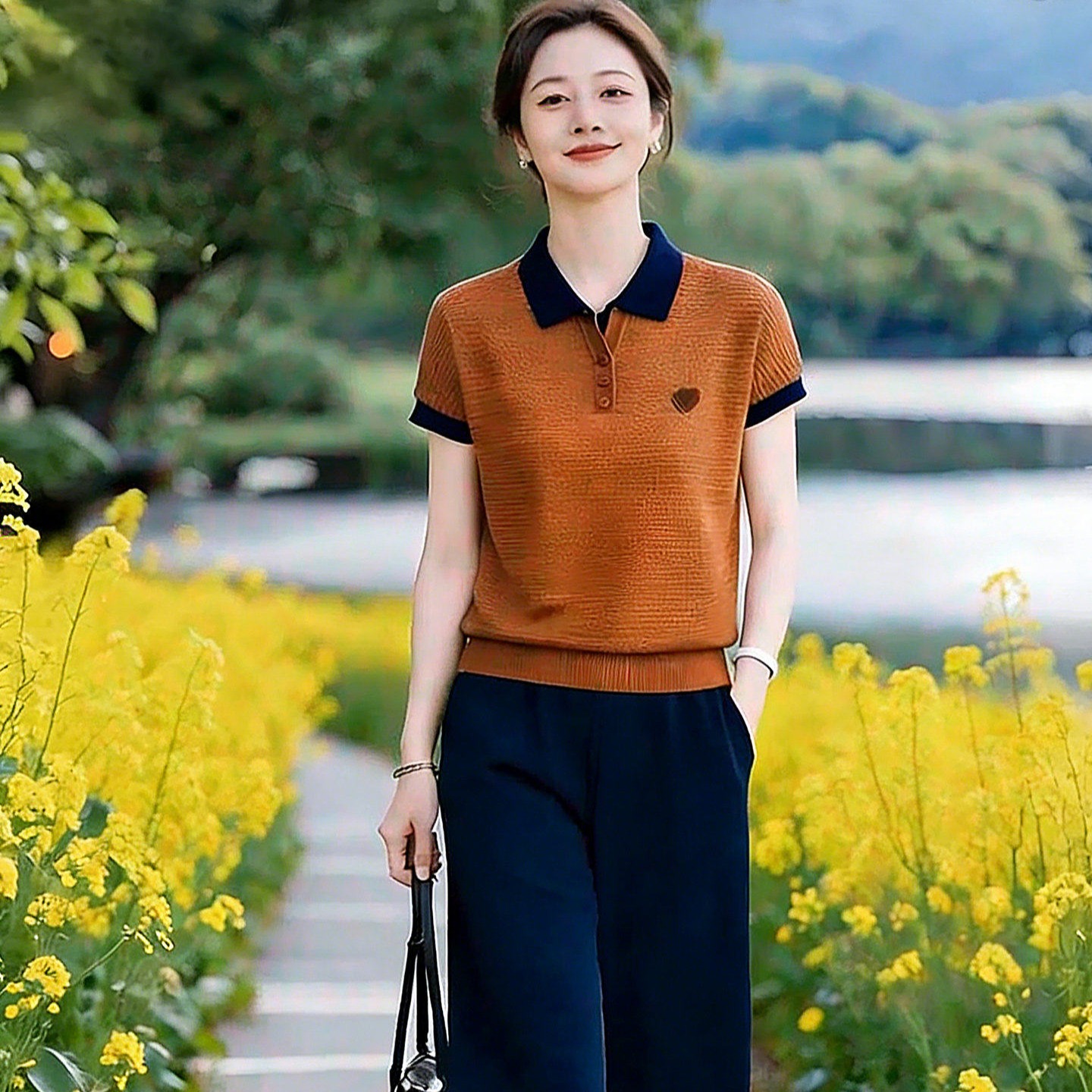 撞色時尚針織Polo領短袖t恤女2026新款洋氣翻領拼色減齡上衣夏