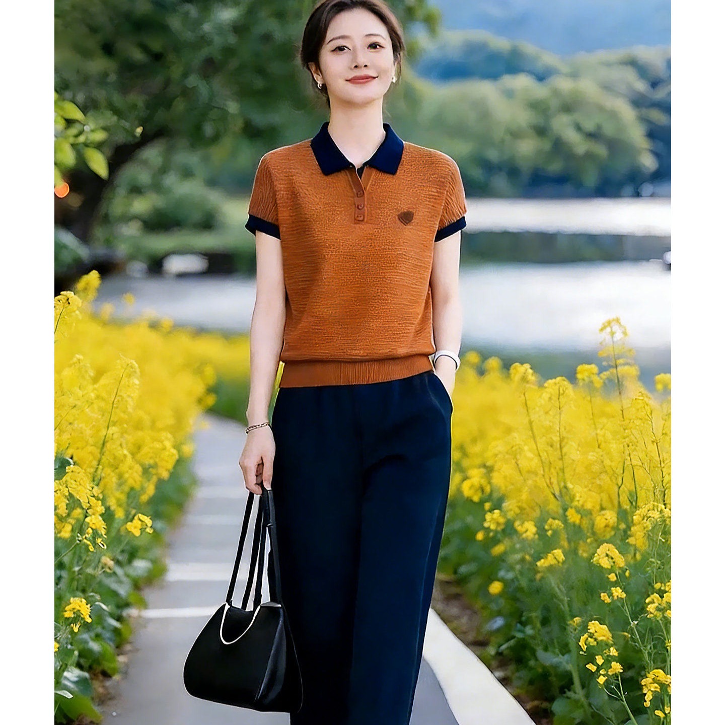 撞色時尚針織Polo領短袖t恤女2026新款洋氣翻領拼色減齡上衣夏