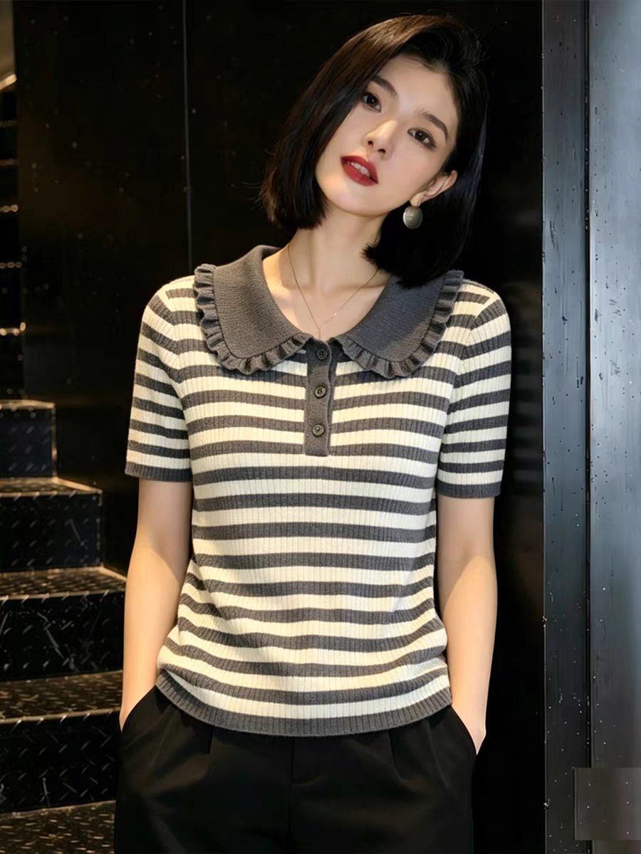 木耳邊娃娃領條紋針織短袖女夏季新款顯瘦百搭上衣
