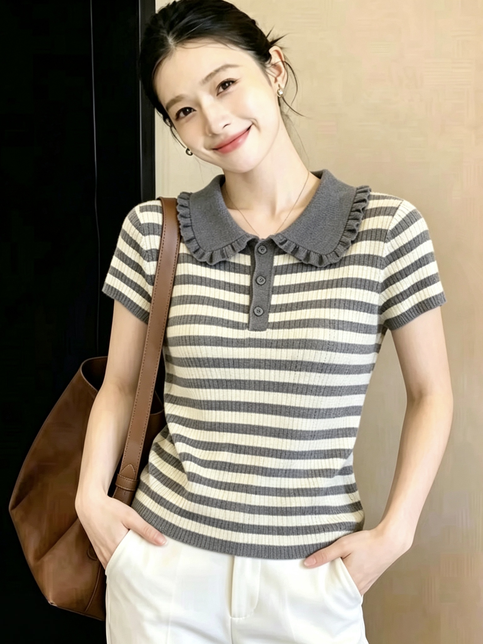木耳邊娃娃領條紋針織短袖女夏季新款顯瘦百搭上衣