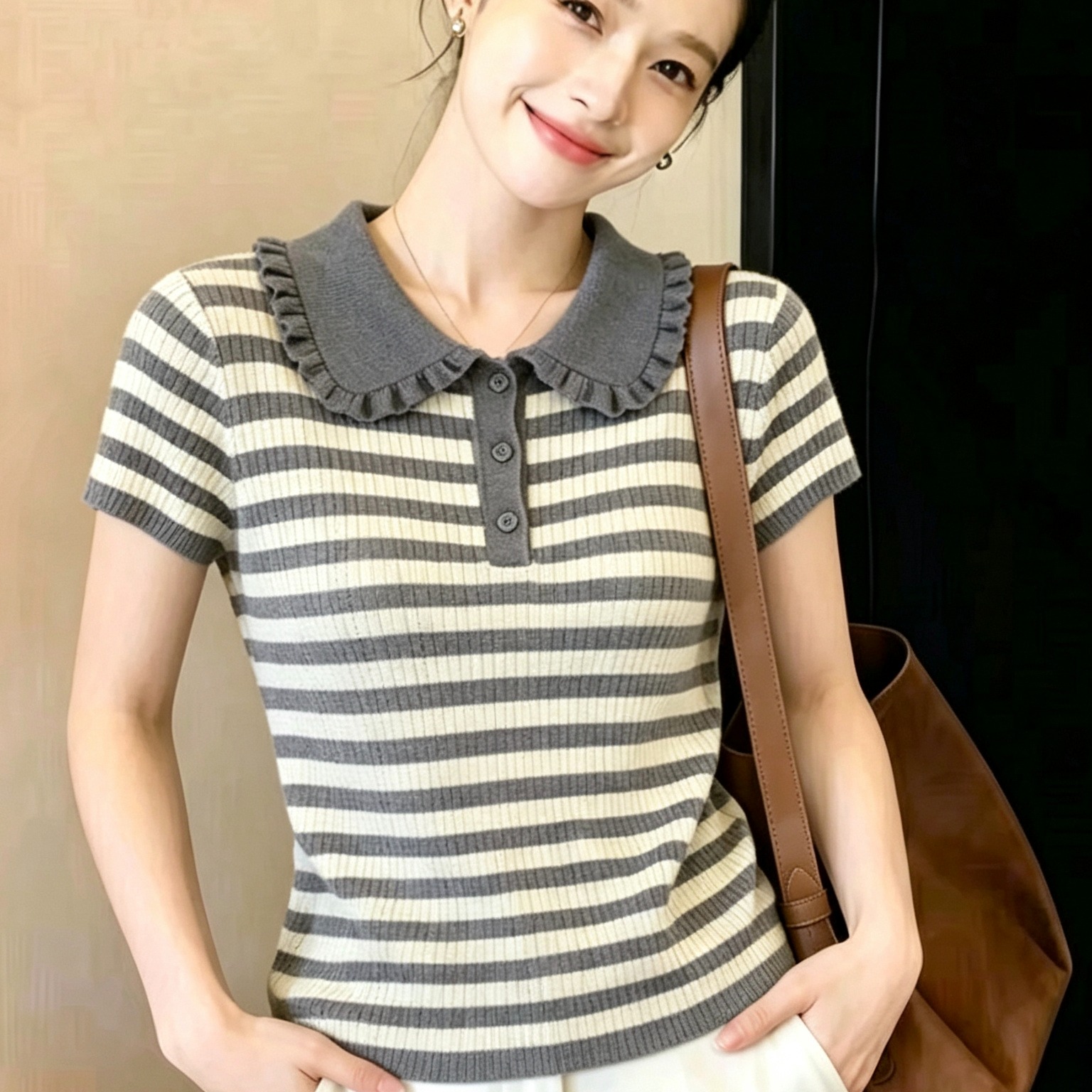 木耳邊娃娃領條紋針織短袖女夏季新款顯瘦百搭上衣