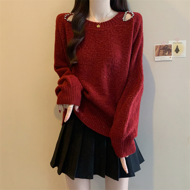 MY15372# 法式高级感镶钻毛衣新款设计感心机露肩显瘦针织衫女裝貨源服...