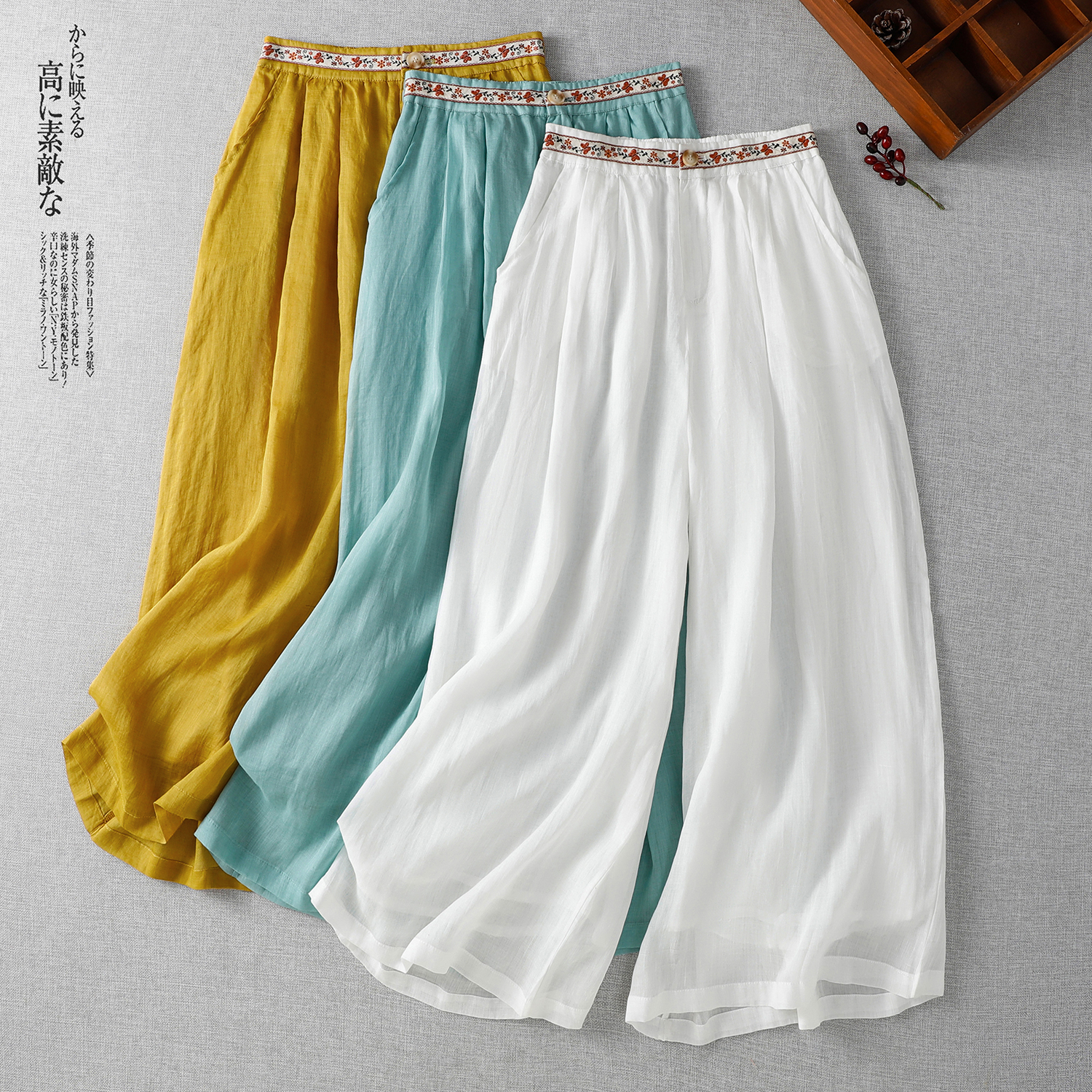 MY11134# 夏季新款宽松休闲腰头刺绣设计阔腿裤女女裝貨源服裝批發
