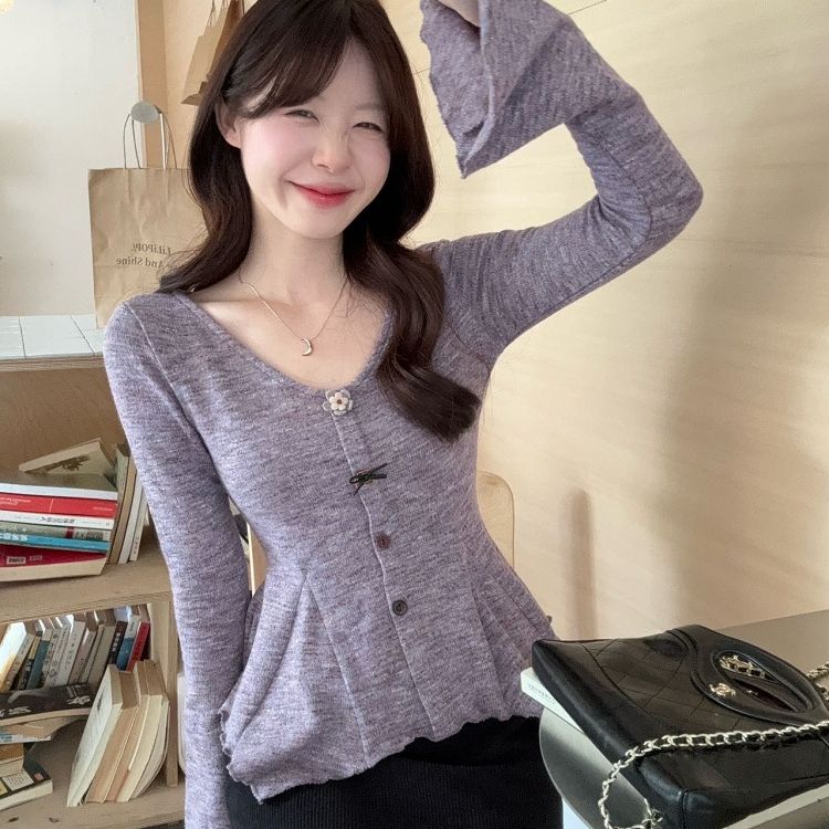 MY15874# 新款韩系设计感高级感百搭修身显瘦收腰喇叭袖T恤紫色上衣女裝貨源服裝批發