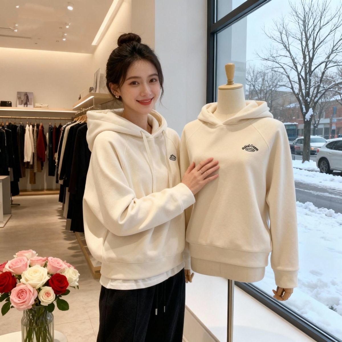 MY15858# 短款连帽卫衣新款加绒加厚刺绣长袖上衣小个子套头外套女裝貨源服裝批發