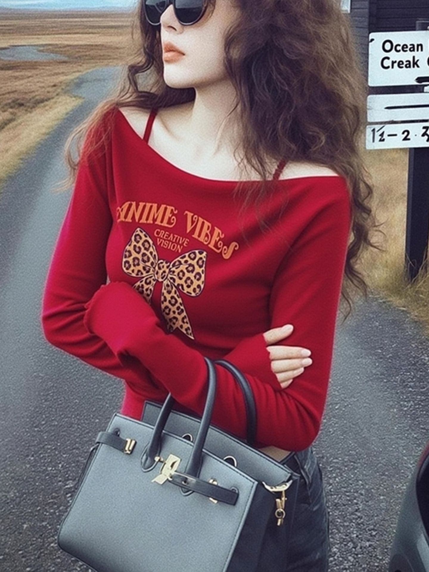 MY15868# 蝴蝶结印花一字肩长袖t恤新款特别漂亮掐腰上衣女裝貨源服裝批發