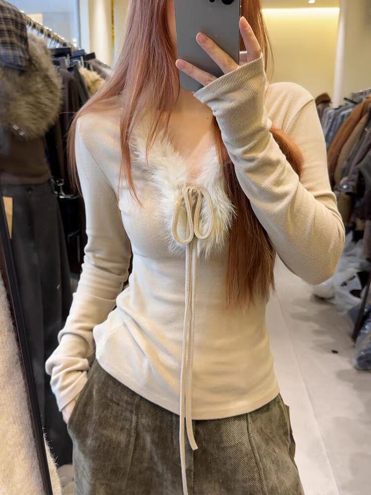 MY15867# 面料人棉抓毛纯欲风V领系带毛领内搭打底衫长袖上衣女裝貨源...