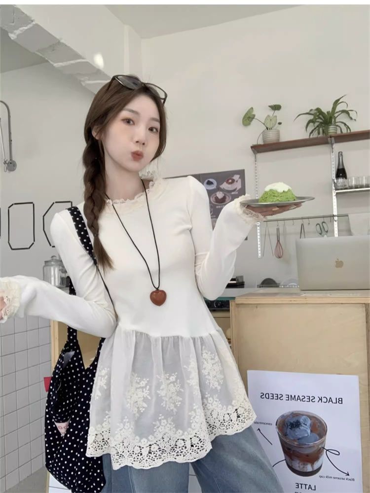 MY15863# 1*1德绒法式复古长袖t恤女新款蕾丝打底衫胖MM遮肉显瘦上衣女裝貨源服裝批發