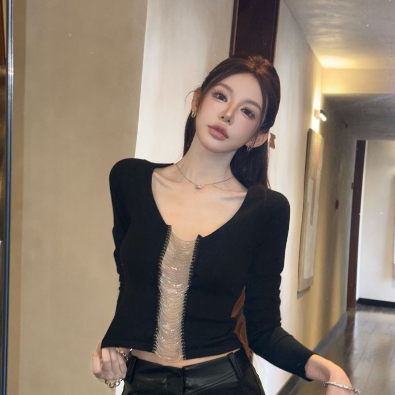 MY15860# 仿棉 设计感链条T恤八分袖修身辣妹风小众短上衣女裝貨源服裝批發