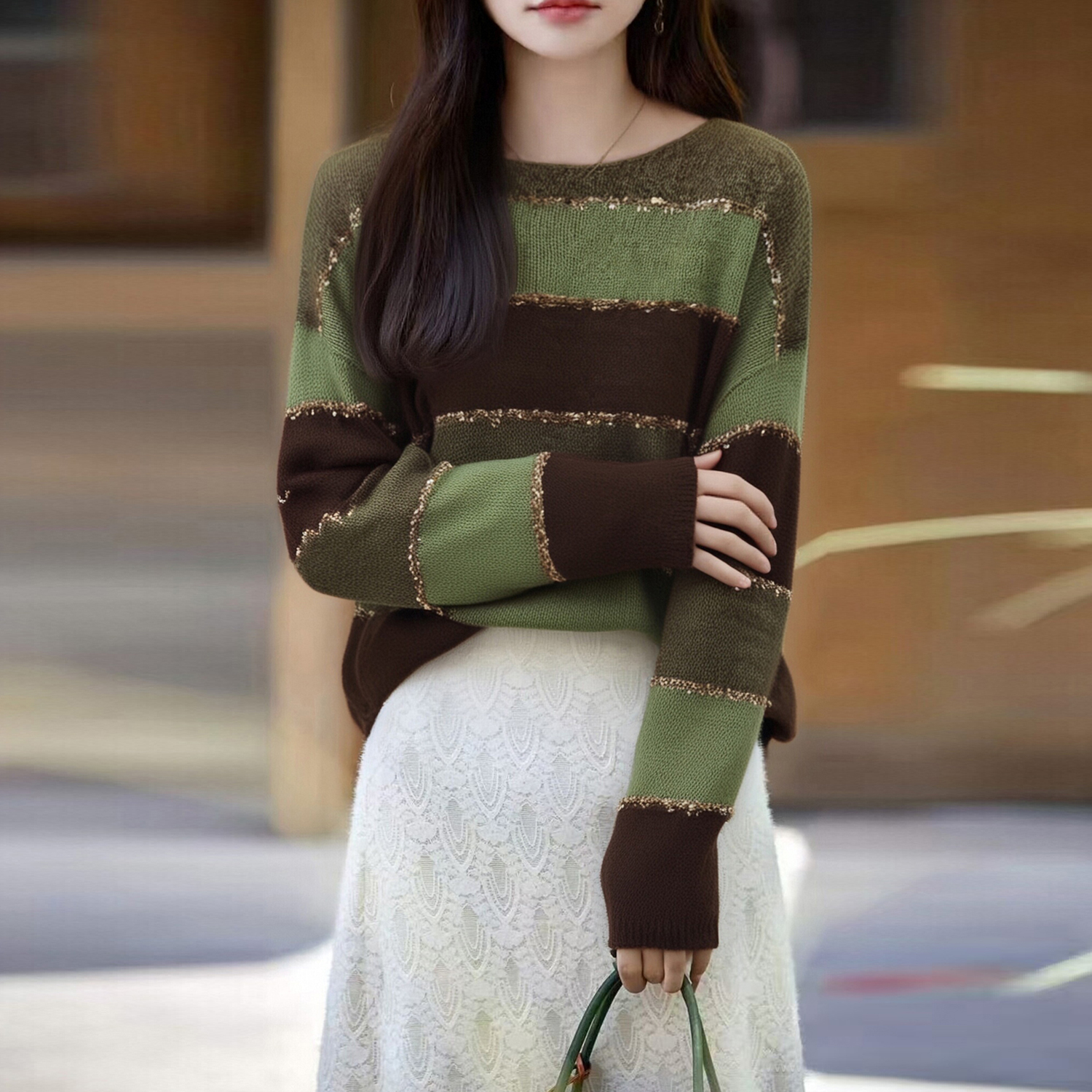 MY13594# 慵懒风条纹针织衫女圆领长袖宽松减龄显瘦毛衣百搭软糯毛衣女...