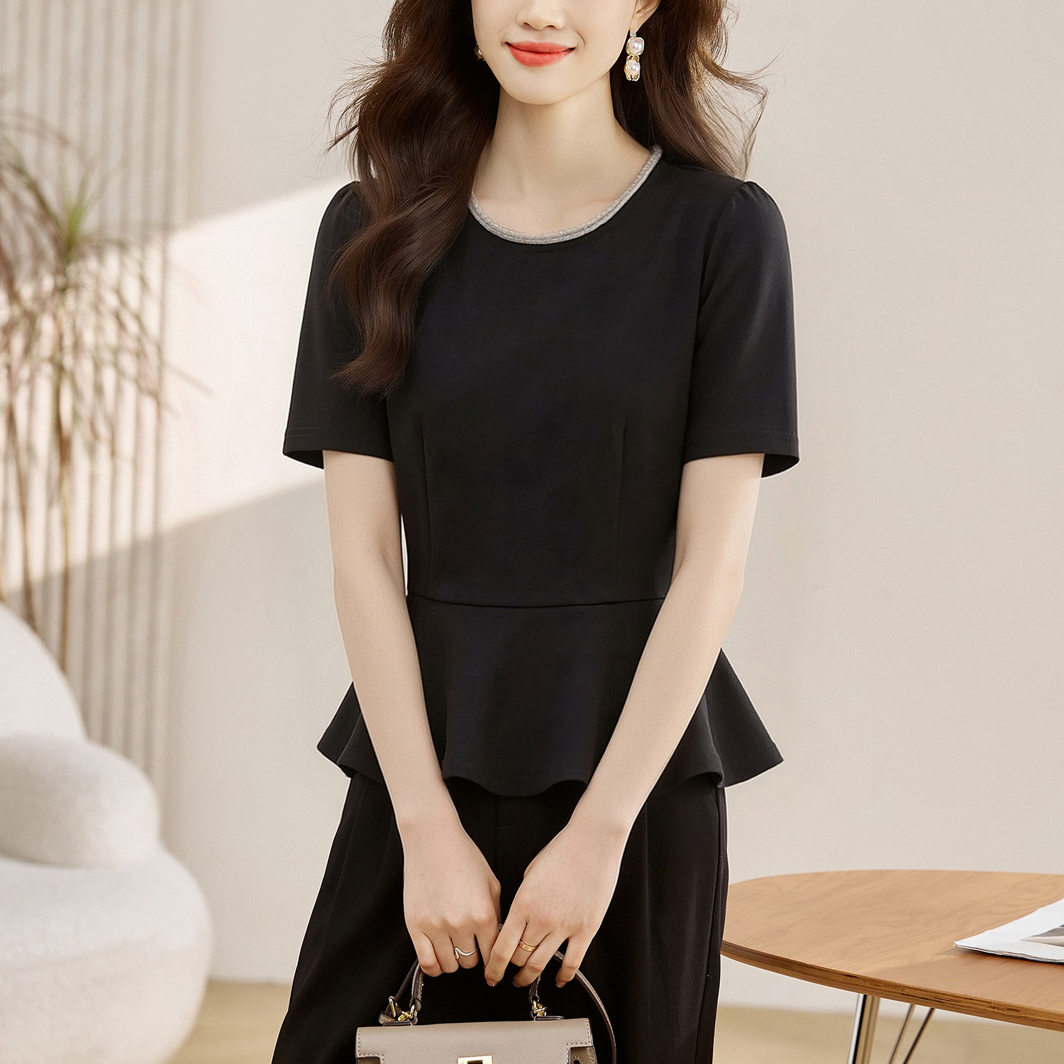 實拍 赫本風拼接荷葉邊T恤女2026夏季新款氣質優雅設計短袖上衣女