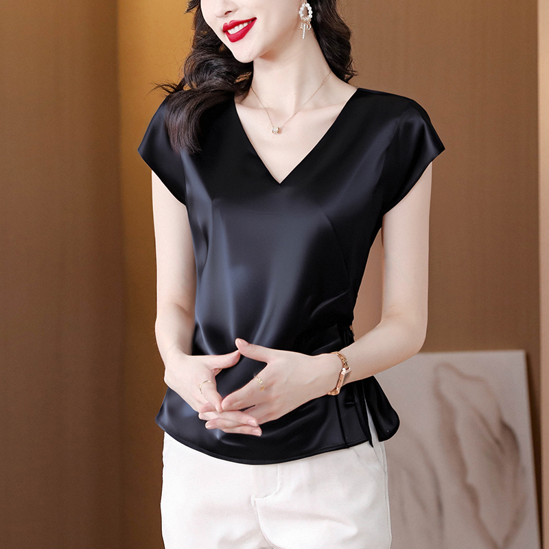 實拍 百搭短袖t恤女2026夏季新款緞面設計感收腰系帶皺褶上衣