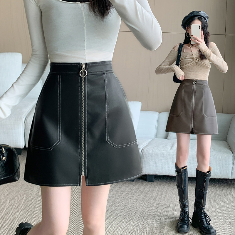 MY13289# 大码pu皮半身裙女新款高腰a字拉链设计感包臀压线短裙女裝...