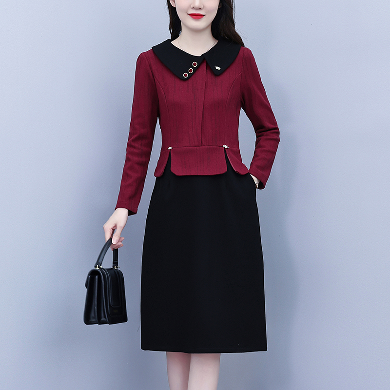 MY13816# 女裝貨源磨毛精纺加厚红色拼接大码显瘦遮肉中长款连衣裙女裝貨源服裝批發服裝批發