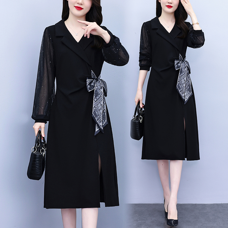 MY13815# 女裝貨源新款网纱拼接西装领修身大码显瘦拼接黑色长款连衣裙女裝貨源服裝批發服裝批發