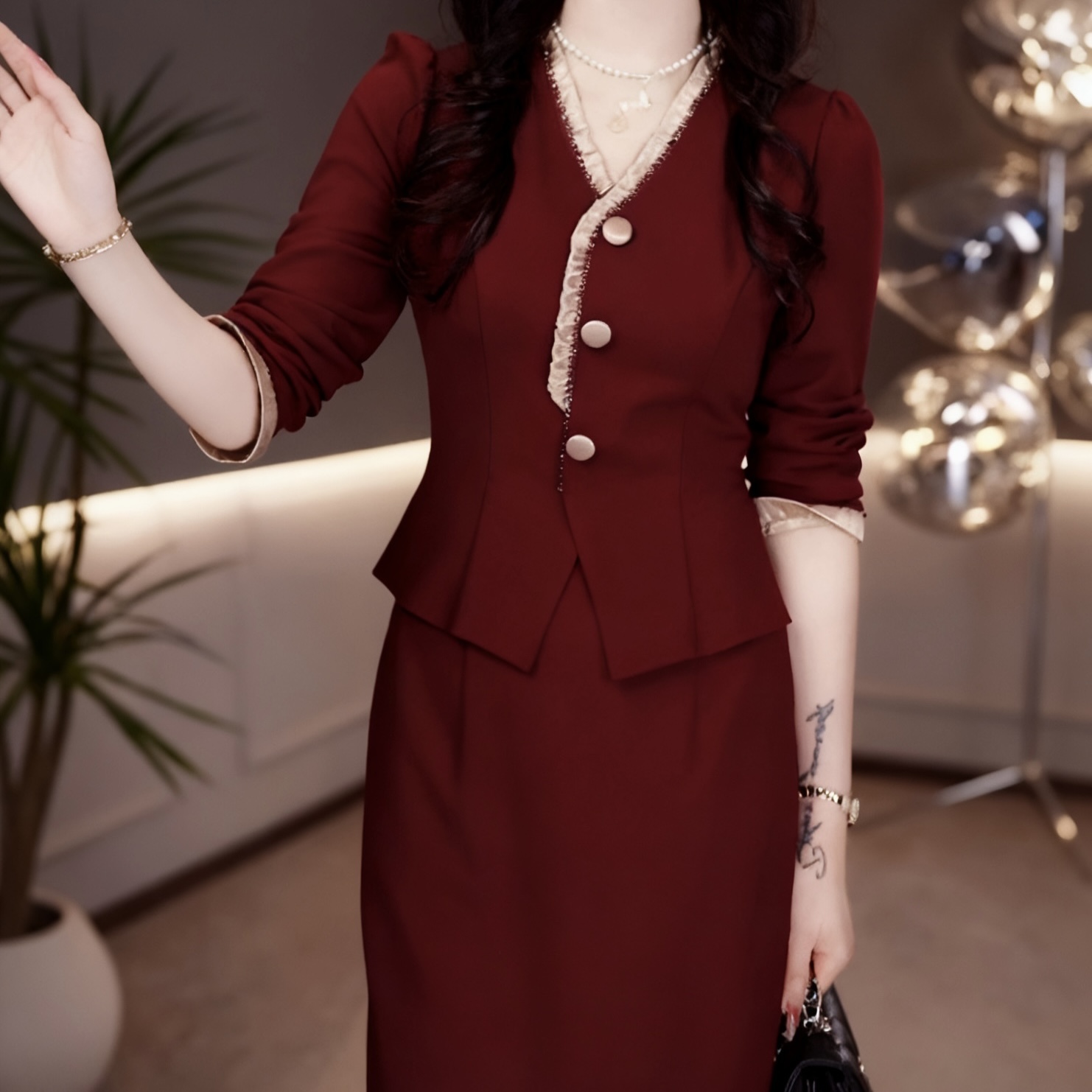 MY13813# 女裝貨源新款小香风单排扣V领大码优雅撞色气质显瘦连衣裙女裝貨源服裝批發服裝批發