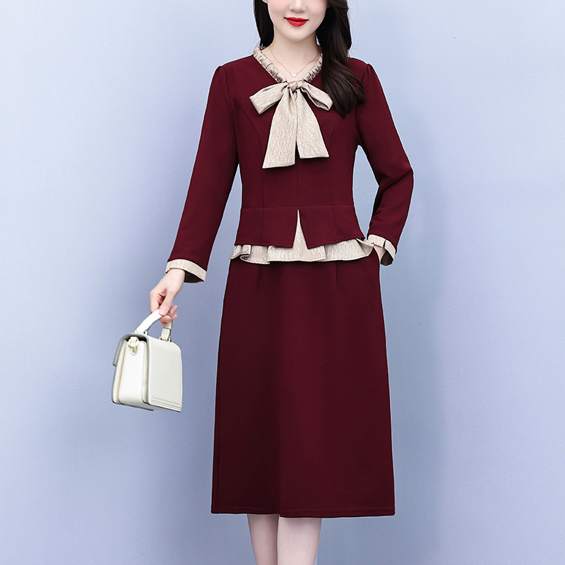 MY13812# 女裝貨源新款缎面蝴蝶结拼接假两件显瘦大码时尚洋气连衣裙女...