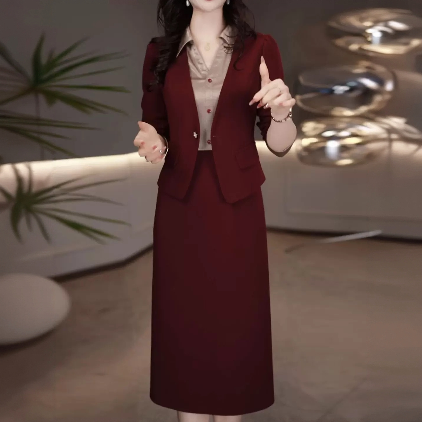 MY13810# 女裝貨源新款大码时尚套装休闲外套缎面拼接连衣裙两件套女裝...