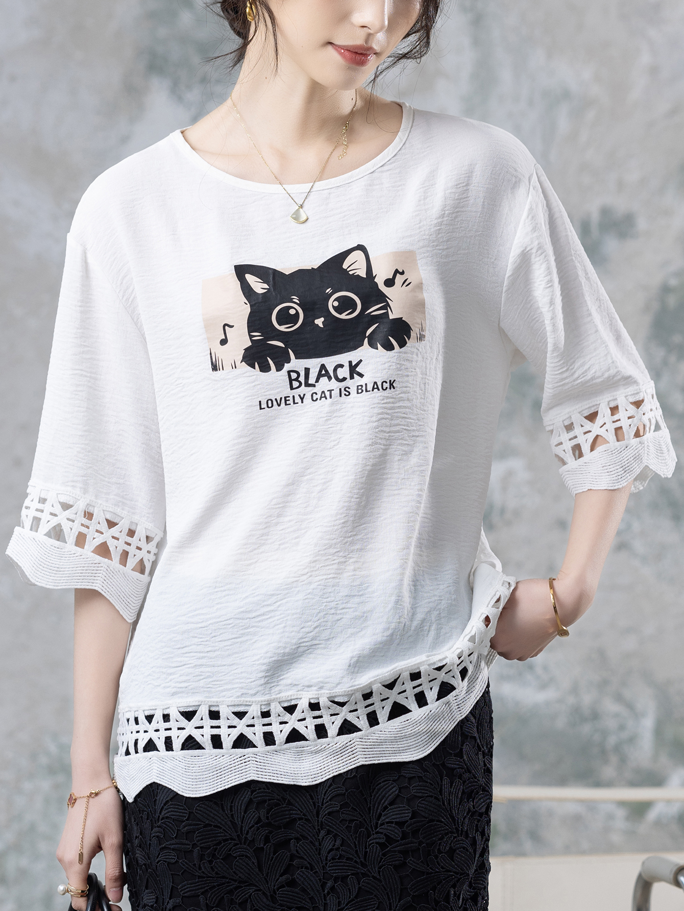 RY1953# 美式印花镂空正肩短袖T恤女胖MM宽松显瘦别致上衣