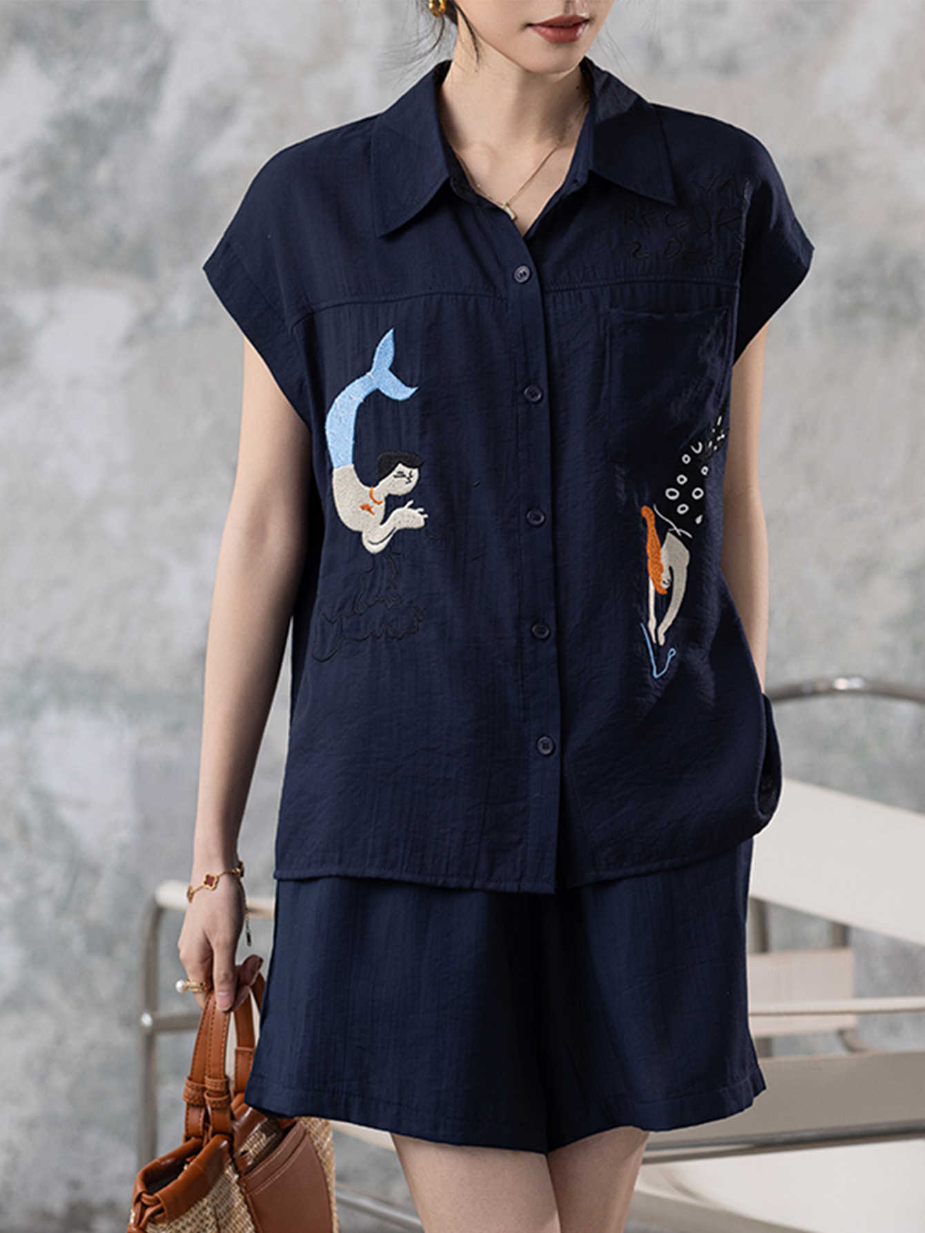 RY2612# 小视频 刺绣套装女夏季2025年新款大码女装上衣短裤套装