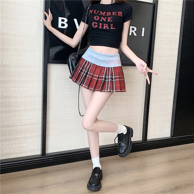 實拍實價撞色拼接格紋學院風防走光超短裙女春夏辣妹性感半身裙褲