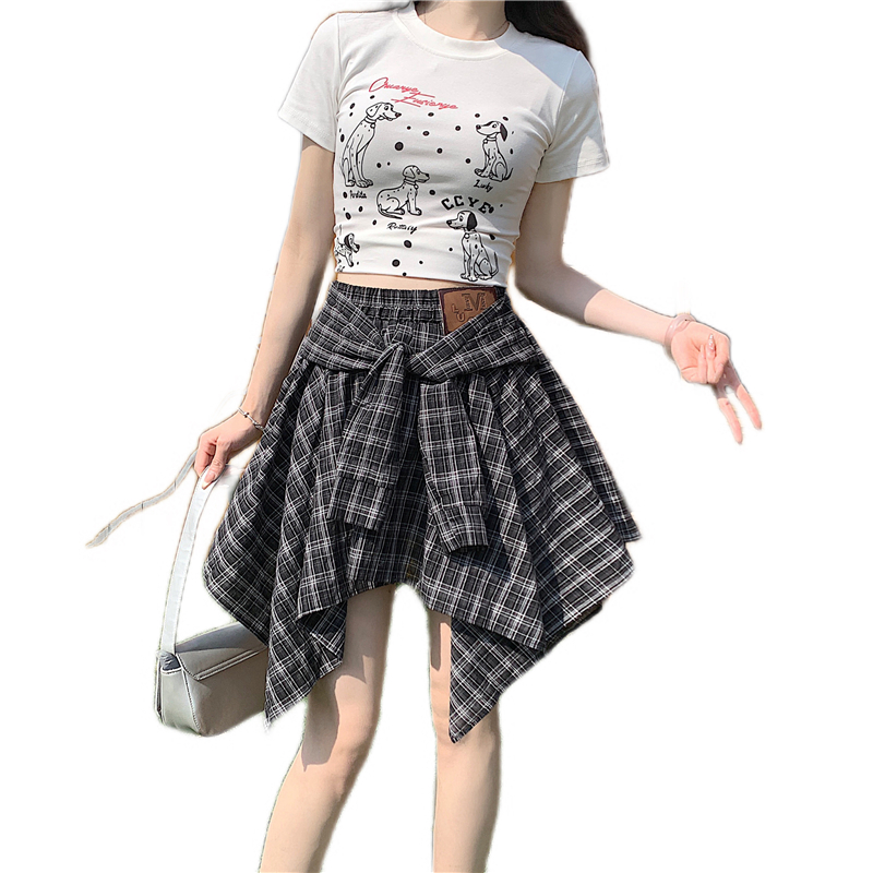 實拍實價假兩件綁帶格子半身裙女春夏季新款設計感不規則減齡短裙
