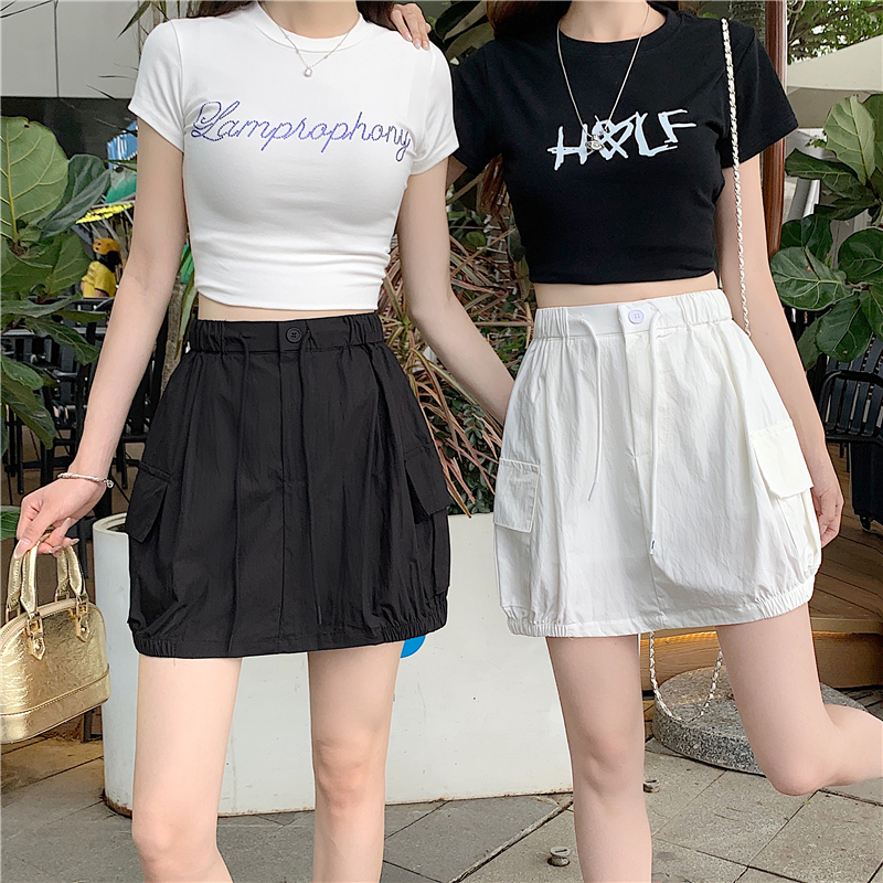 實拍實價 春夏季花苞工裝半身裙女高腰遮胯顯瘦帶防走光a字短裙潮