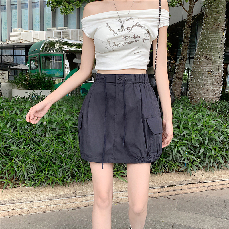 實拍實價 春夏季花苞工裝半身裙女高腰遮胯顯瘦帶防走光a字短裙潮