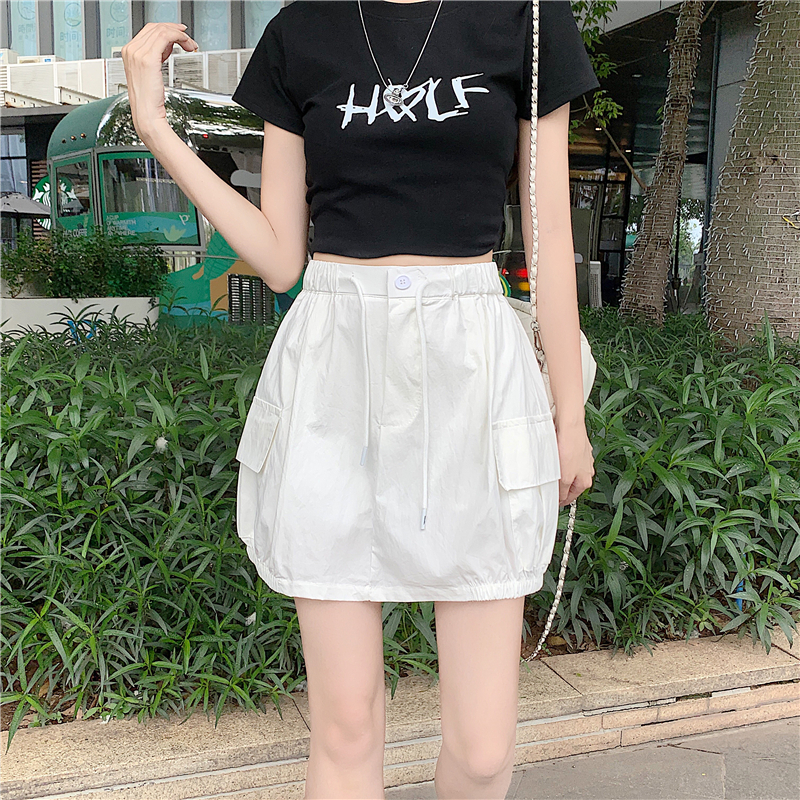 實拍實價 春夏季花苞工裝半身裙女高腰遮胯顯瘦帶防走光a字短裙潮