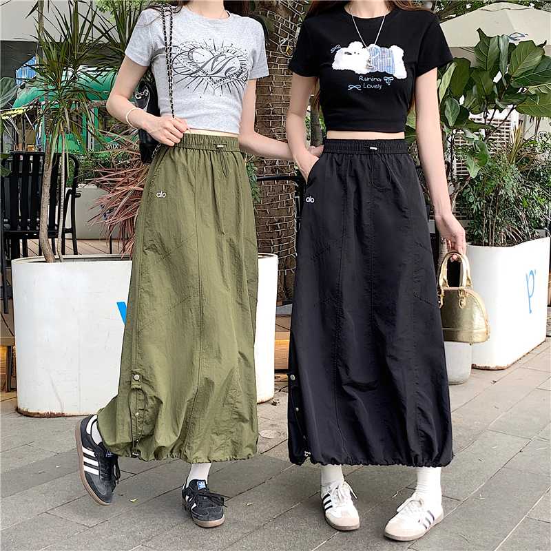實拍實價 街頭速干抽繩口袋工裝半身裙女春夏高腰顯瘦a字中長裙子