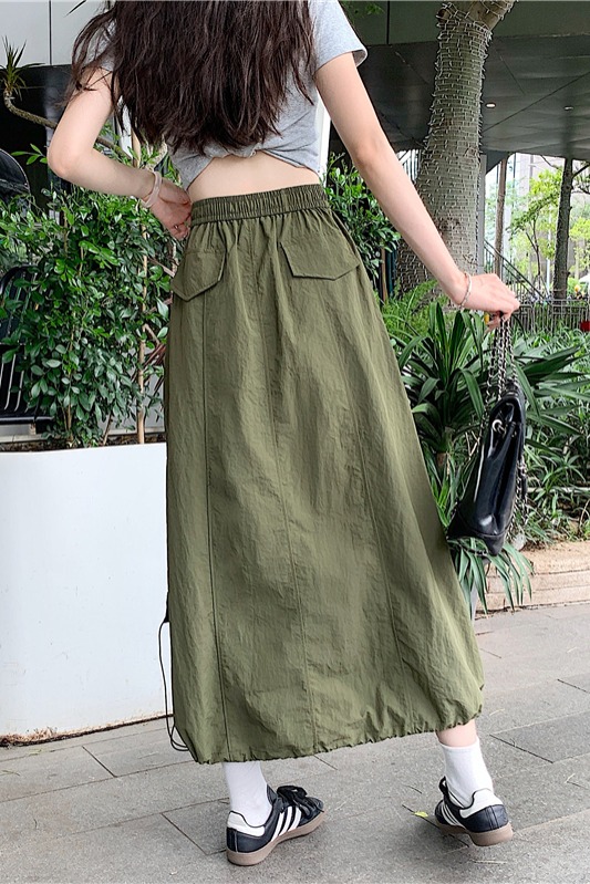 實拍實價 街頭速干抽繩口袋工裝半身裙女春夏高腰顯瘦a字中長裙子