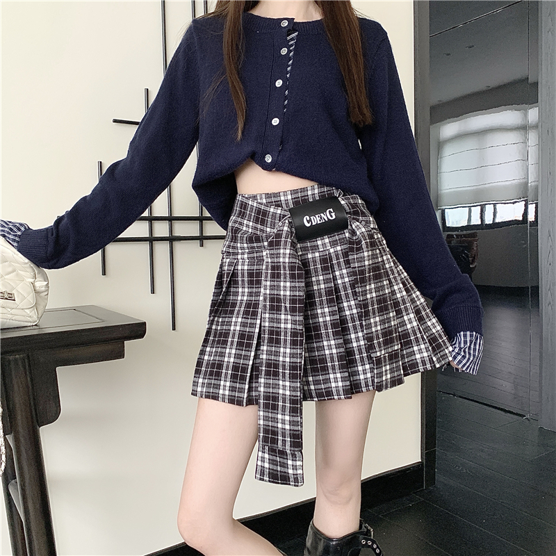 實拍實價 格子蝴蝶結設計感百褶裙女秋冬季高腰顯瘦a字短裙半身裙
