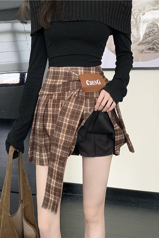實拍實價 格子蝴蝶結設計感百褶裙女秋冬季高腰顯瘦a字短裙半身裙