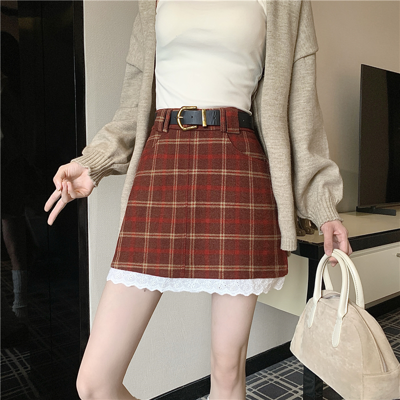 實拍實價 拼接蕾絲格子呢子半身裙女秋冬款高腰a字包臀短裙一步裙