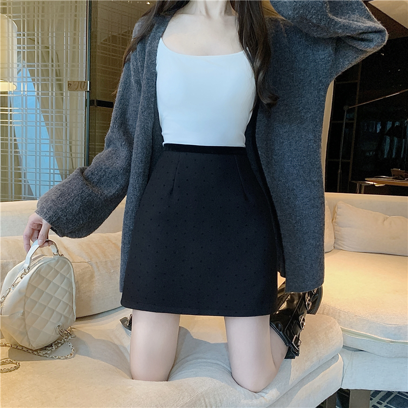 實拍實價 女秋冬毛呢新款加厚高腰顯瘦波點短裙百搭a字裙子半身裙
