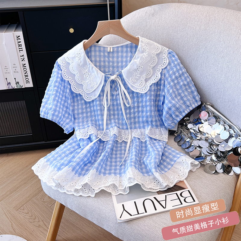MY12000# 夏季日系可爱格子娃娃领花边泡泡袖衬衫女学生百搭小清新上衣女裝貨源服裝批發