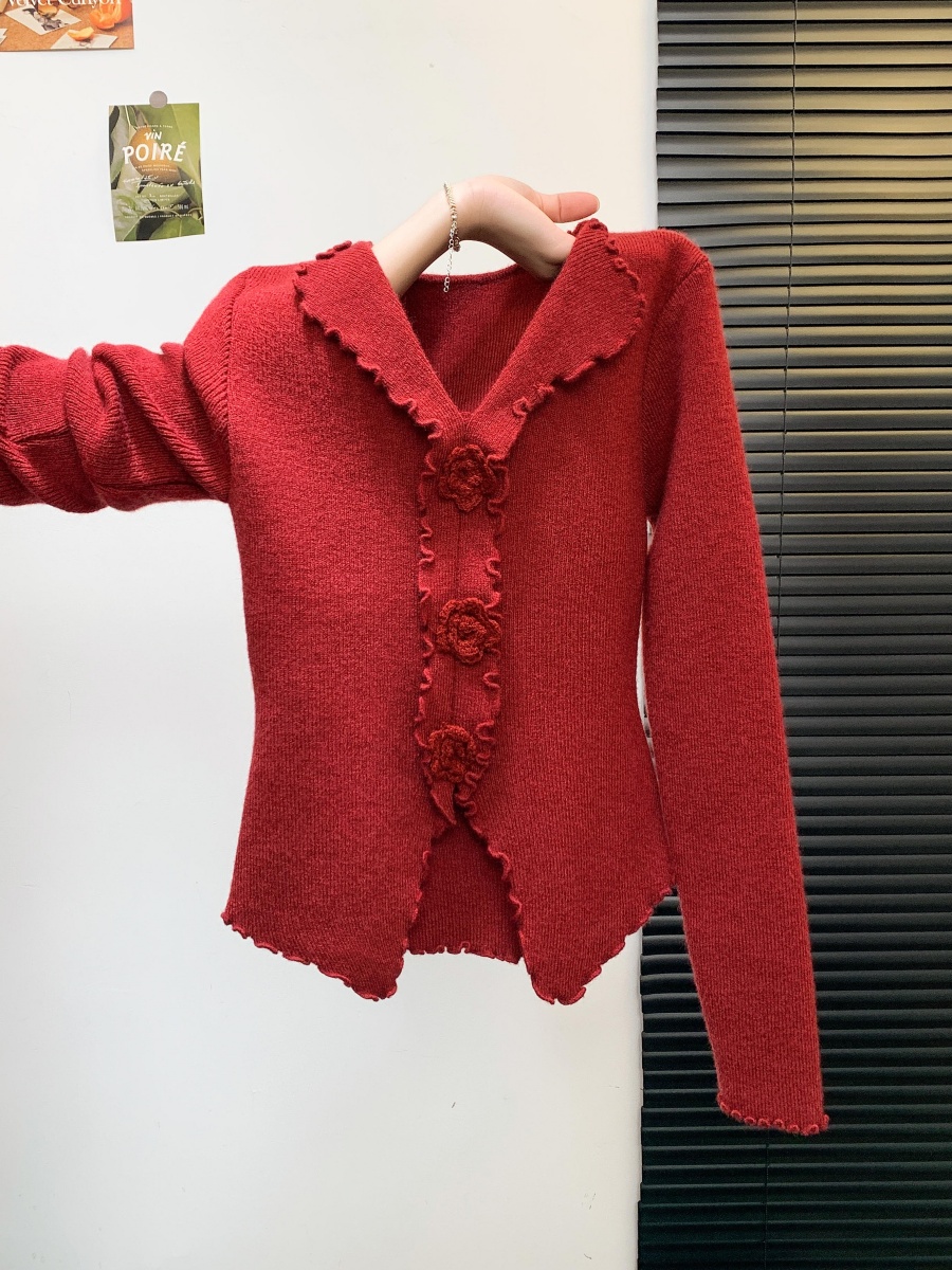 MY14664# 韩系温柔风木耳边花朵针织开衫新款修身单排扣长袖上衣女裝貨源服裝批發