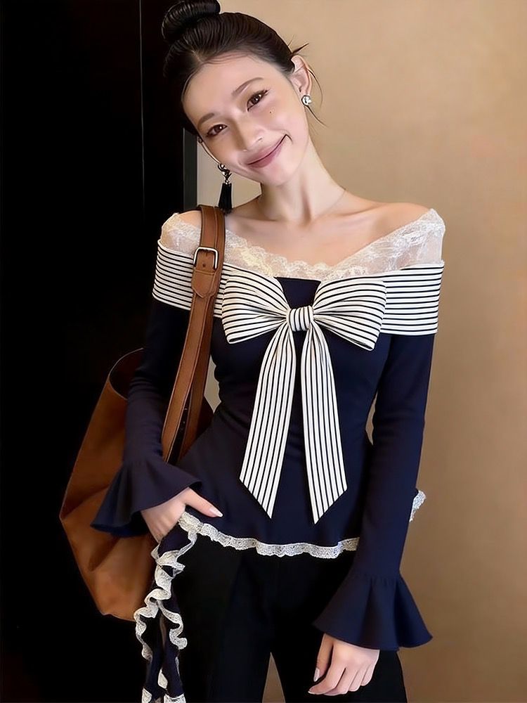 MY17742# 独特条纹绑带不规则打底衫女蕾丝拼接收腰长袖上衣女裝貨源服...
