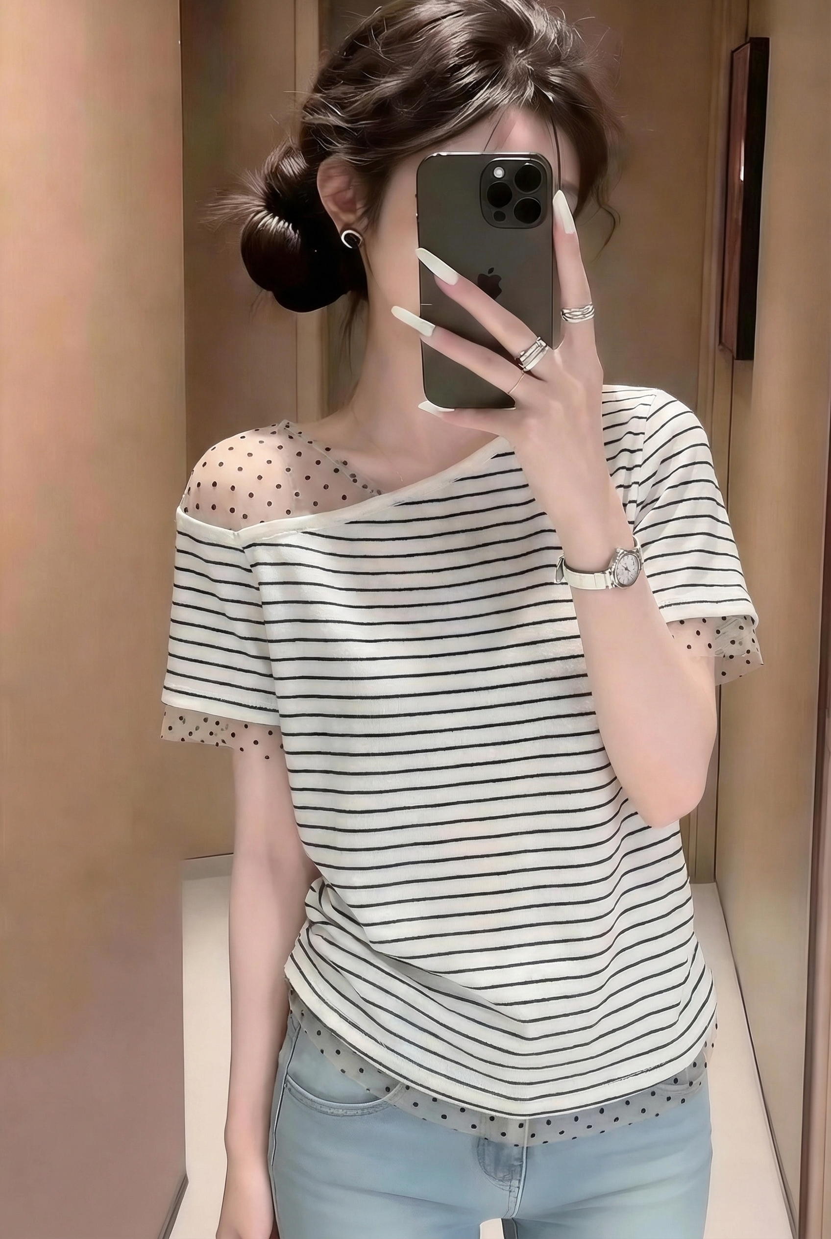 RY2419# 实拍新款韩版时尚气质春夏减龄显瘦修身百搭洋气斜肩短袖上衣